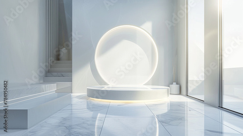 Illuminated glass podium on pristine white surface, radiating sophistication in a corporate setting.
