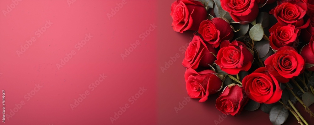 Red Roses Bundle Isolated on Red Background with Copy Text Space. Generative AI Red Roses Bundle Isolated on Red Background with Copy Text Space. Generative AI