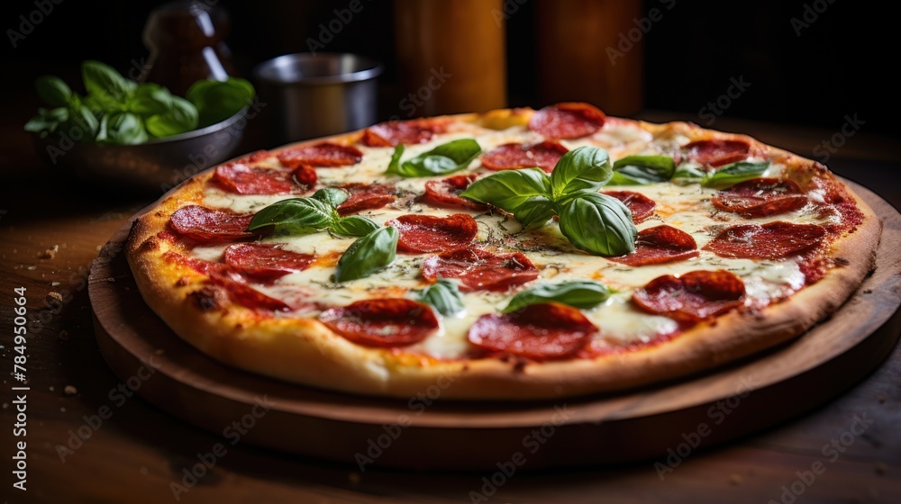 pizza with bubbling cheese, thin slices of pepperoni, and a sprinkle of fragrant basil leaves.