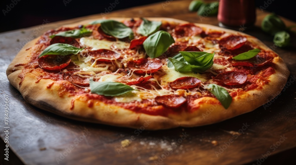 pizza with bubbling cheese, thin slices of pepperoni, and a sprinkle of fragrant basil leaves.
