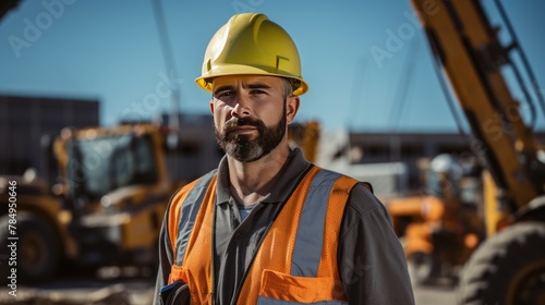 handsome male engineer wearing a hard hat and safety vest, confidently inspecting equipment at a construction site.
