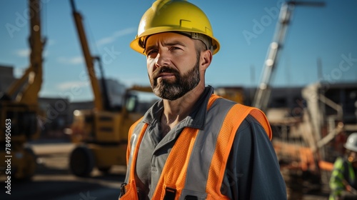 handsome male engineer wearing a hard hat and safety vest, confidently inspecting equipment at a construction site.