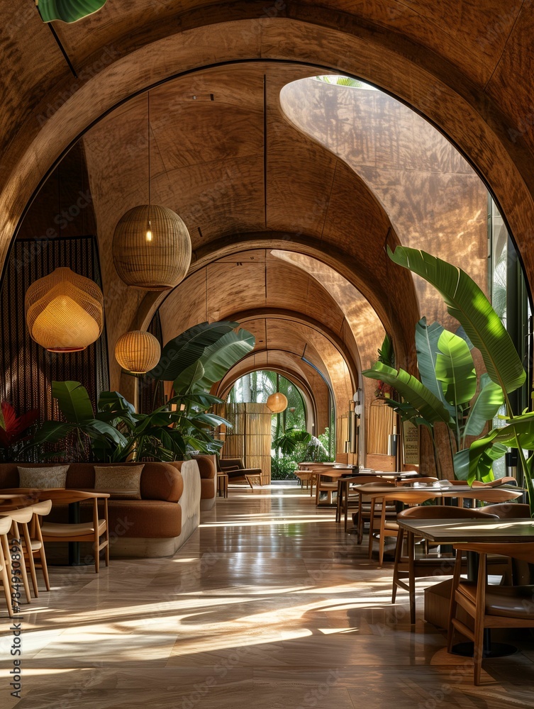 Modern Restaurant Interior with Wooden Arches and Tropical Plants