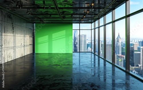 Studio room with green screen on an upper floor with a city background © MUS_GRAPHIC