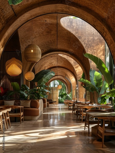 Modern Restaurant Interior with Wooden Arches and Tropical Plants