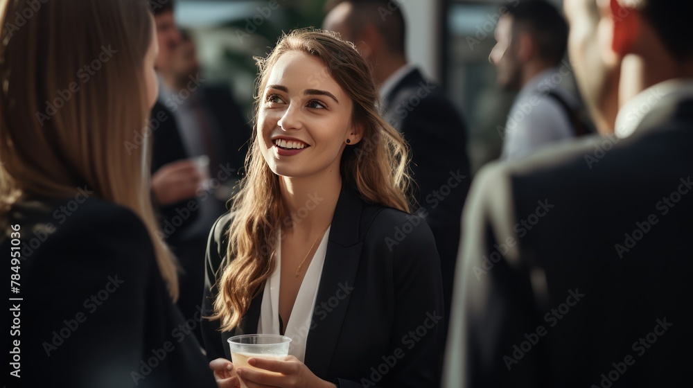 businesswoman networking at a corporate event, engaging in conversation with clients and colleagues.