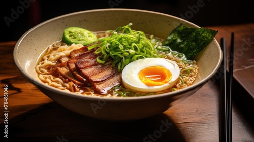 steaming bowl of ramen noodles submerged in rich, flavorful broth, garnished with sliced pork belly,