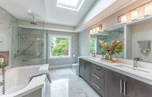 Modern bathroom with a large glass walk-in tub, double vanity and skylight © Kien