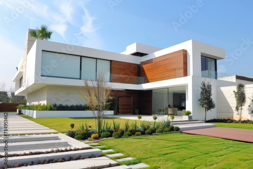 modern minimalist house in Portugal, white walls with wood accents and a green grass lawn, courtyard with chairs and an umbrella sitting in the style of green grass © Kien