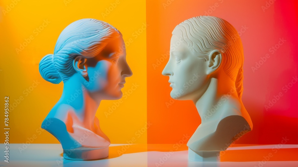 Fototapeta premium Classical ancient marble gypsum stoic, roman, greek bust, busts head sculpture against a colored background representing historical figures 