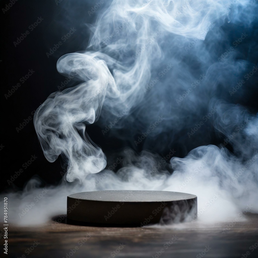 smoke from a fire,mystery and allure with an empty podium engulfed in swirling dark smoke, offering a dynamic product platform