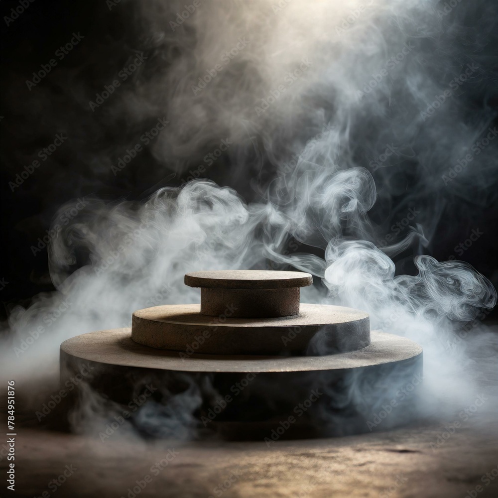 smoke from the chimney,mystery and allure with an empty podium engulfed in swirling dark smoke, offering a dynamic product platform