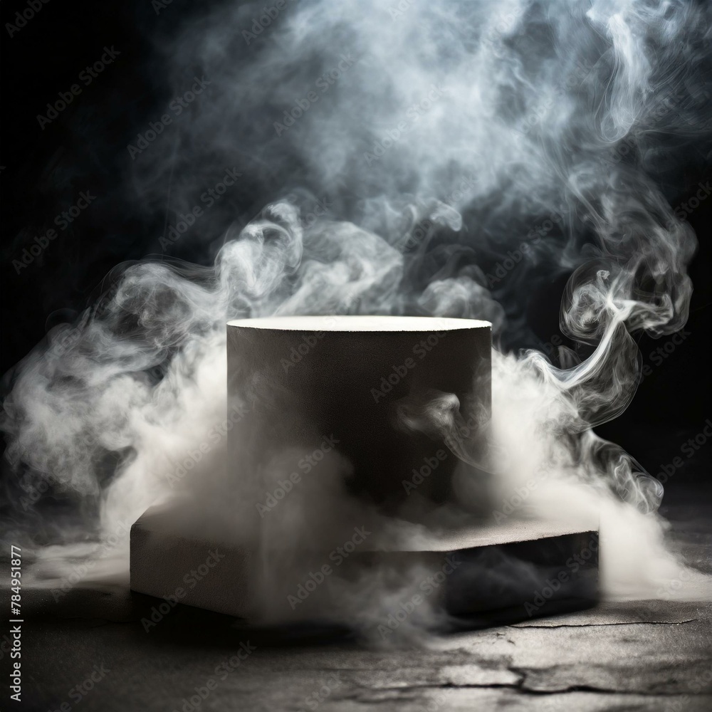 person smoking cigarette,mystery and allure with an empty podium engulfed in swirling dark smoke, offering a dynamic product platform