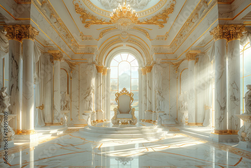 A white marble and gold palace interior with an enormous circular ceiling, tall pillars, large windows, marble floors, and golden accents. Created with Ai © Creative Stock 