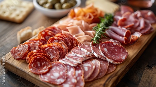 Assorted sliced cured meats on a wooden board with olives and crackers.