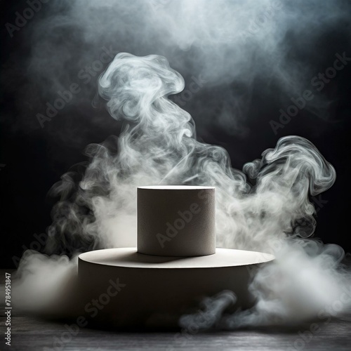 smoke from a smoke,mystery and allure with an empty podium engulfed in swirling dark smoke, offering a dynamic product platform