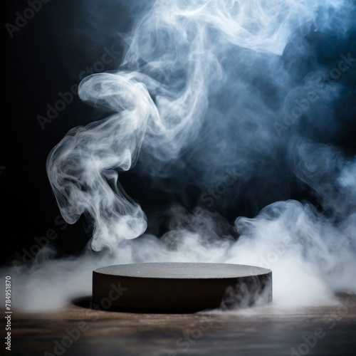 smoke from a fire,mystery and allure with an empty podium engulfed in swirling dark smoke, offering a dynamic product platform