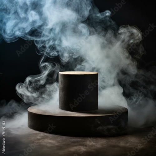 smoke from a cigar,mystery and allure with an empty podium engulfed in swirling dark smoke, offering a dynamic product platform