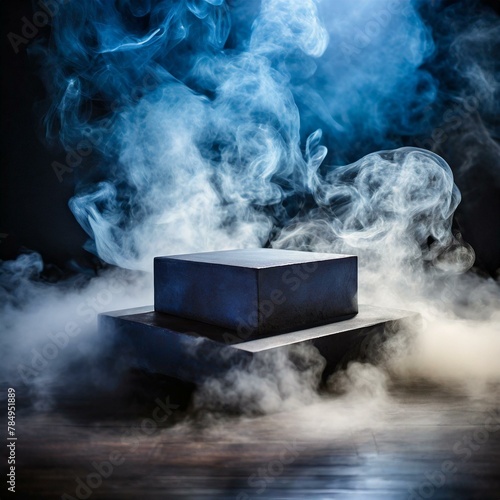 smoke from a smoke,mystery and allure with an empty podium engulfed in swirling dark smoke, offering a dynamic product platform