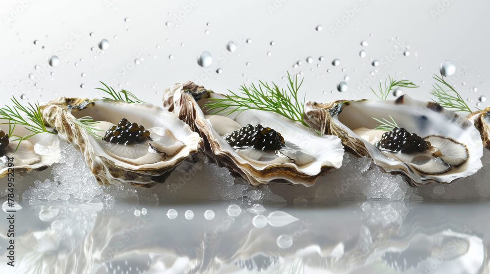Fresh oysters with caviar and dill on ice with water droplets in the air.
