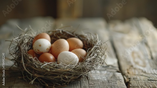 A rustic nest filled with eggs on an aged wooden surface, signifying farm life.