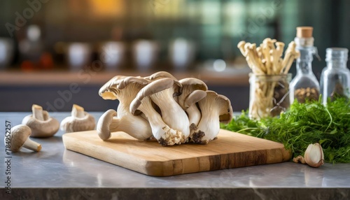 A selection of fresh vegetable  oyster mushrooms  sitting on a chopping board against blurred kitchen background  copy space