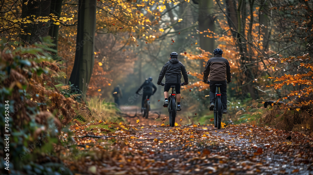 Fototapeta premium Bikers on a Forest Trail with Autumn Leaves Falling