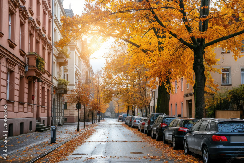 Autumn in the City - Beautiful Fall Foliage on a Sunny Street with Parked Cars