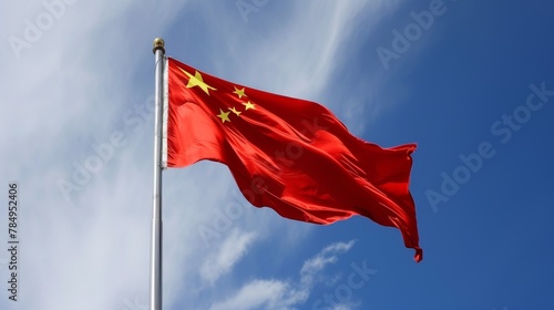 China flag waving against blue sky, copy space