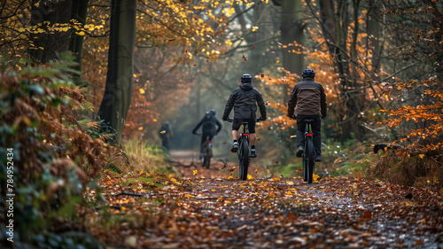 Bikers on a Forest Trail with Autumn Leaves Falling