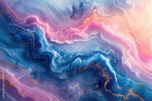 Abstract background with swirls of pink, blue and purple in an ethereal style, with gold highlights and textures that resemble marble or iridescent clouds. Created with Ai photo