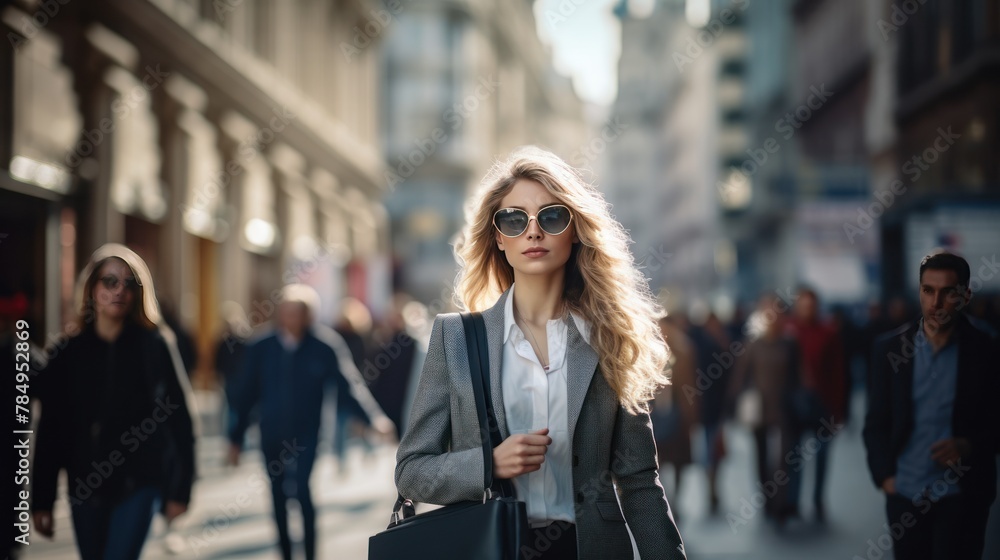 businesswoman confidently walking through a bustling city street,