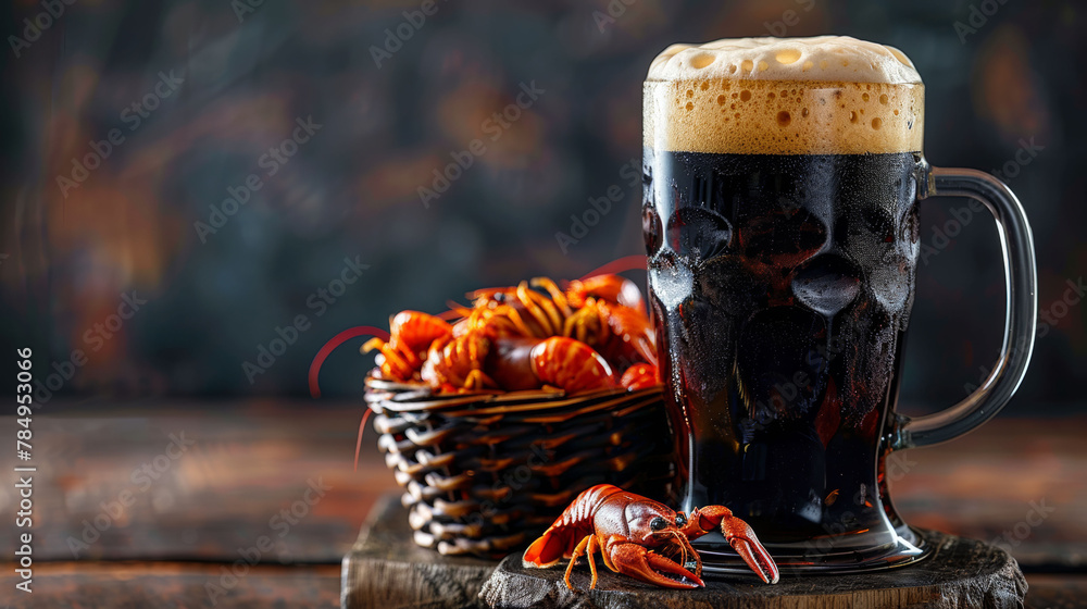 Dark beer and boiled crayfish in a rustic basket on a wooden table. - obrazy, fototapety, plakaty 