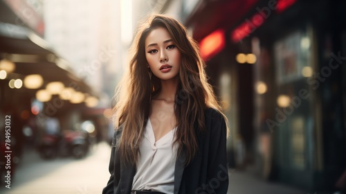 stylish young woman from Asia posing confidently in a fashionable urban setting, 