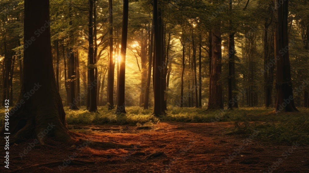 Fototapeta premium forest scene with the warm glow of sunset peeking through the trees, 