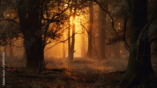 forest scene with the warm glow of sunset peeking through the trees, 
