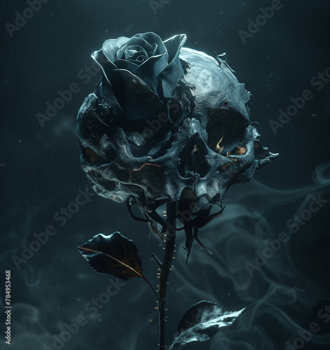 A black rose withhuman skull, on a dark background