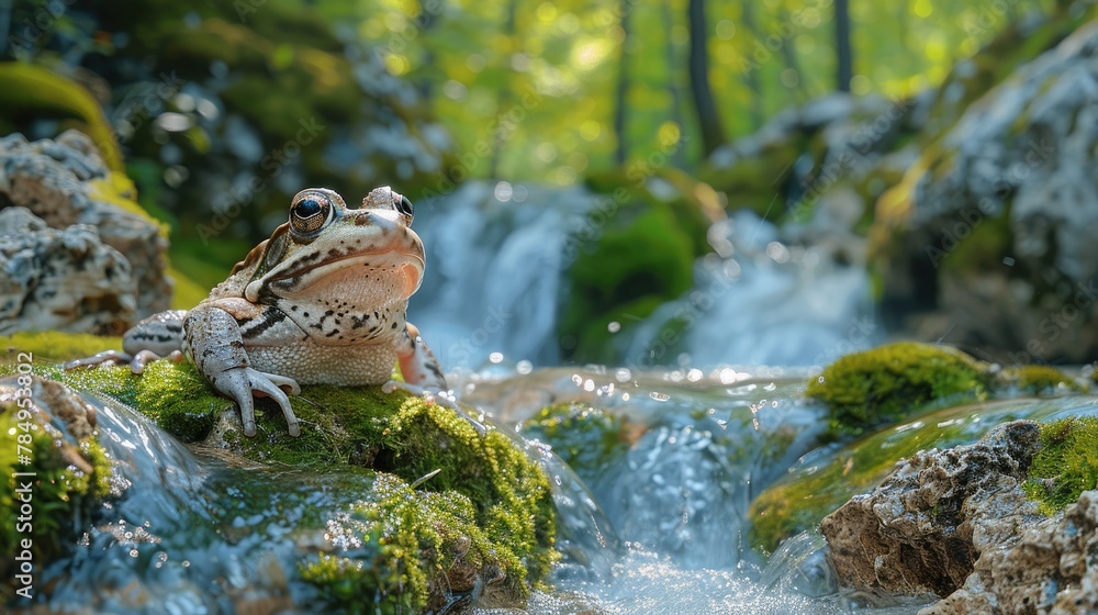 Fototapeta premium Frog camouflaged among moss-covered rocks near a babbling brook, blending seamlessly into its surroundings.
