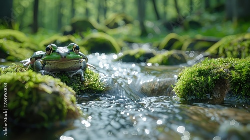 Frog camouflaged among moss-covered rocks near a babbling brook, blending seamlessly into its surroundings.