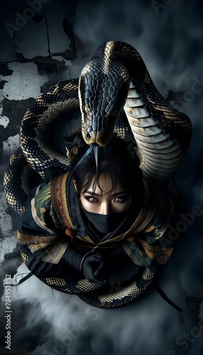 A striking portrayal of a concealed warrior encircled by a large snake, set against a moody, dark backdrop.