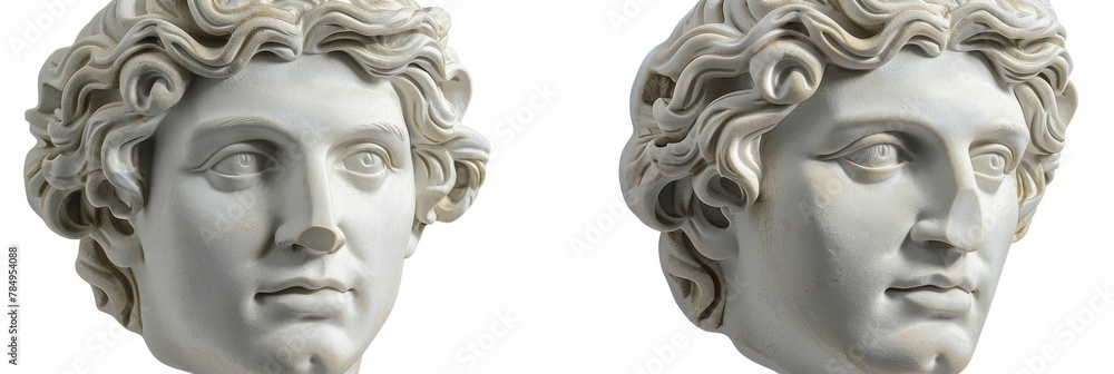 Obraz premium Classical ancient marble gypsum stoic, roman, greek bust, busts head sculpture against a colored background representing historical figures 