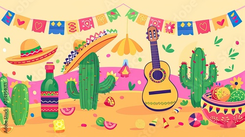 Cinco de Mayo holiday background with music guitar, maracas. cactus and tequila bottle elements, sombrero hat, party decorations. Vector illustration of cute line art, flat design.
