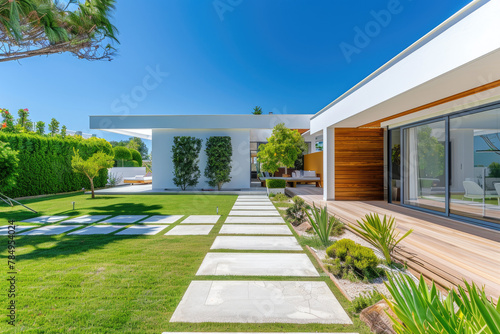 modern minimalist house with white walls and wooden accents, large garden with green grass and concrete floors © Kien