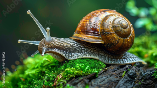 Snail exploring moss-covered terrain, with focus on its shell and antennae. © Sergei