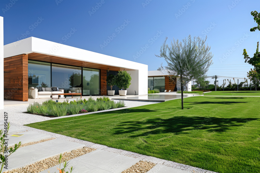 modern minimalist house with white walls and wooden accents, large garden with green grass and concrete floors