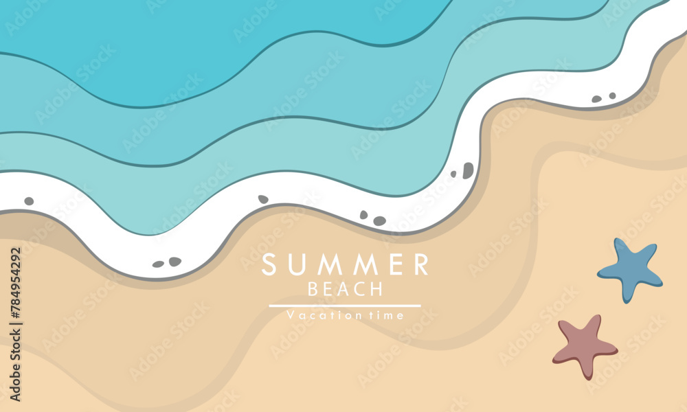 Surf and sea waves paper cut banner. Summer beach vector background with sand and ocean water surf line with 3d papercut layers of blue waves and white foam bubbles. Summer tropical beach vacation