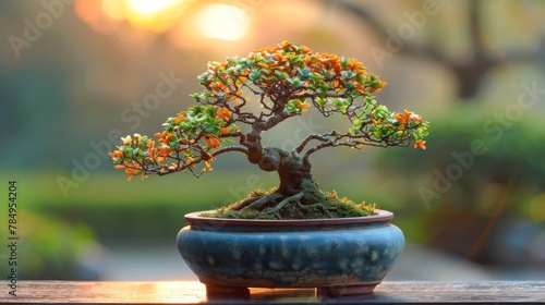 Delicate bonsai tree thriving in a carefully chosen pot, showcasing the beauty of nature in a confined space.  photo
