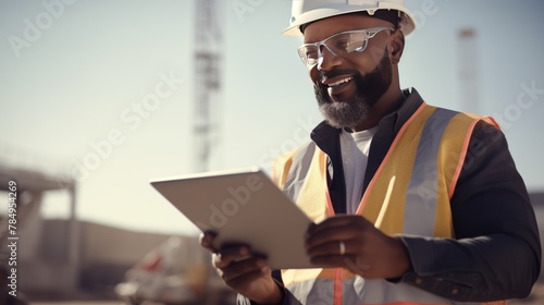 A handsome male civil engineer examining blueprints and specifications on a tablet device at a project site.  photo
