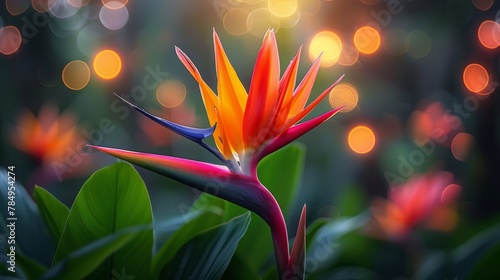 Strelitzia, also known as the Bird of Paradise flower, blooms vibrantly in a tropical garden. 