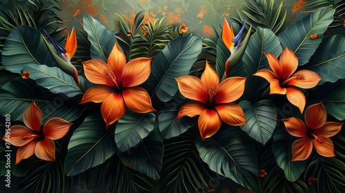 Strelitzia flowers add a burst of color to a lush, green landscape, evoking the beauty of paradise.